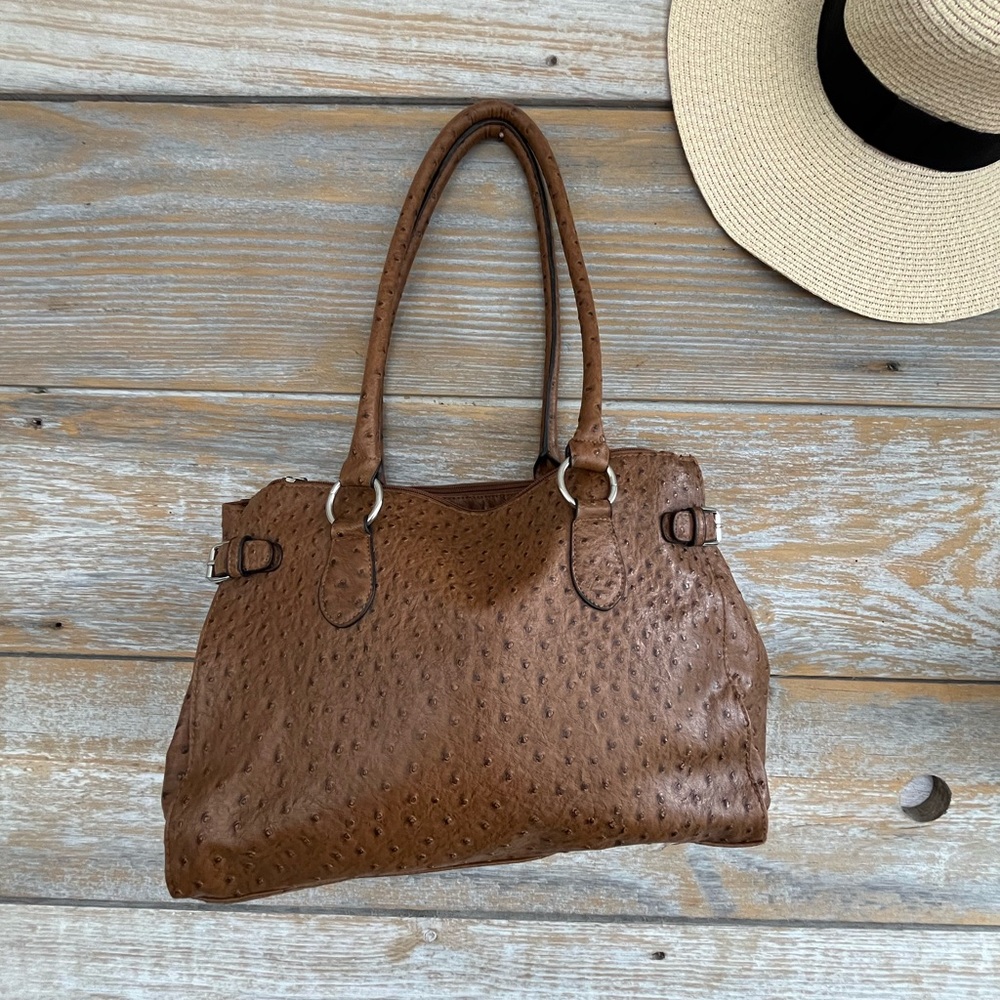 Elegant Brown Faux Ostrich Leather Tote Bag